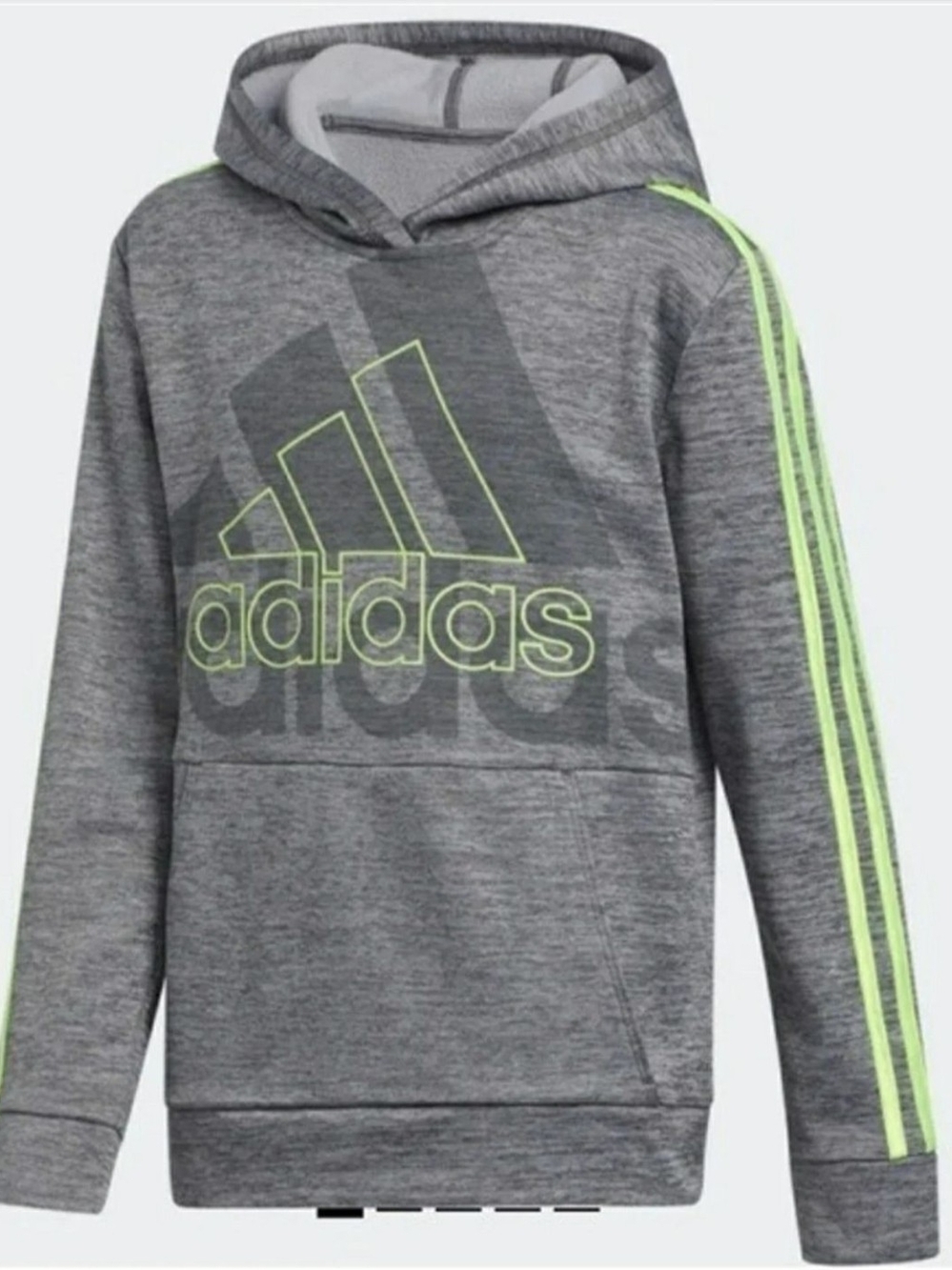 NWT Boys Adidas Gray Hoodie with Neon Green Logo and Stripes Size XL